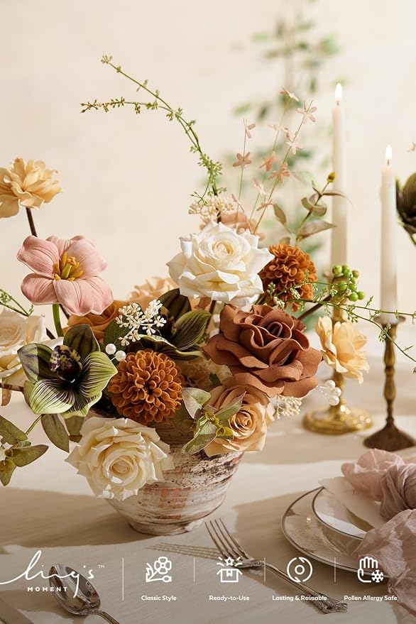Ling's moment Fake Flowers Box, Faux Artificial Greenery Stems Foam Roses Dahlia Gardenia Tulip Silk Carnation Fabic Flower for Centerpieces Bouquet Wedding Vase, Apricot & Peach, Deluxe Combo | Artificial Faux Greenery Stems, Silk Peony, Foam Rose, Fo... - Image 3