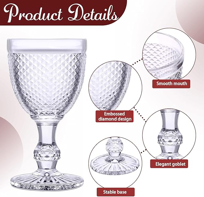 Bokon 12 Pack Purple Glass Goblets Set 10 oz High Clear Wine Glass Vintage Water Goblets Cups Embossed Diamond Design Glassware with Stem for Drinking Juice Liquor Party Wedding Bar