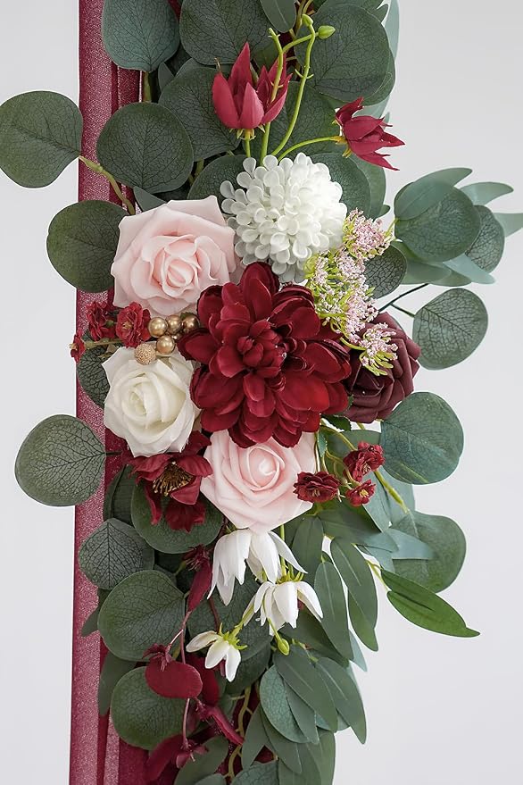 Olalaka Burgundy Artificial Wedding Arch Flowers Kit (Pack of 3) with 26Ft Burgundy Shiny Arch Draping Fabric for DIY Wedding Party Ceremony Reception Backdrop Floral Decoration - Image 6