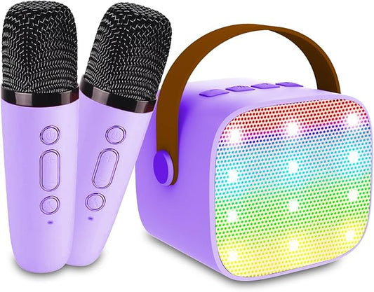 Portable Bluetooth Karaoke Speaker with 2 Wireless Microphones & LED Lights for Kids Birthday Parties