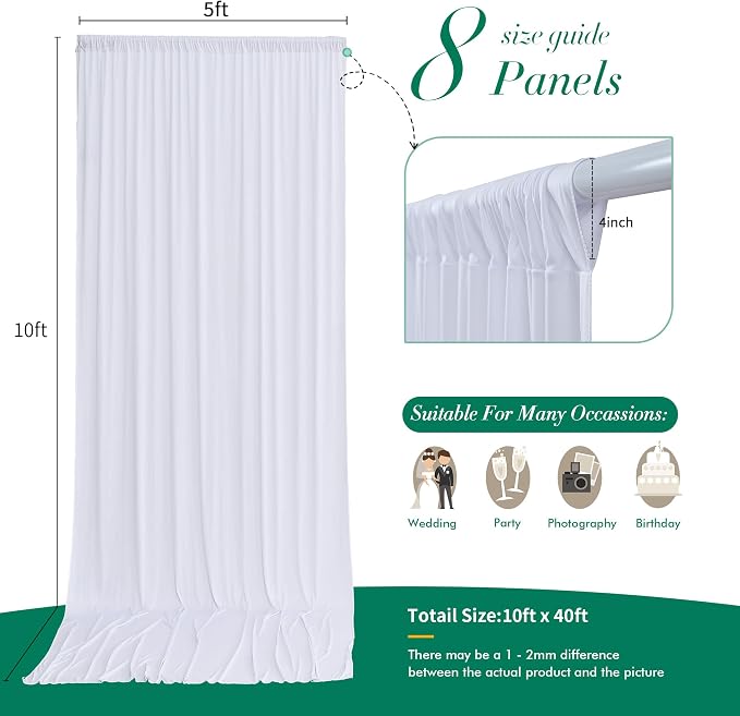 40 ft x 10 ft Wrinkle Free White Backdrop Curtain for Wedding Parties, Polyester Photo Backdrop Drapes for Baby Shower Birthday Party Backdrop Stand, Bulk Thick Background Curtains, 5x10FT 8 Panels - Image 5