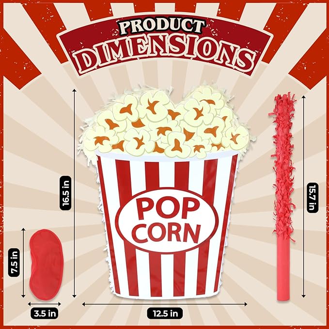 Popcorn Pinatas Bundle with a Blindfold and a Bat(16.5 x 12.5 x 3.5 Inches), Perfect for Fun Kid's Birthday Parties, Cinema Movie Theme Party Decoration Games