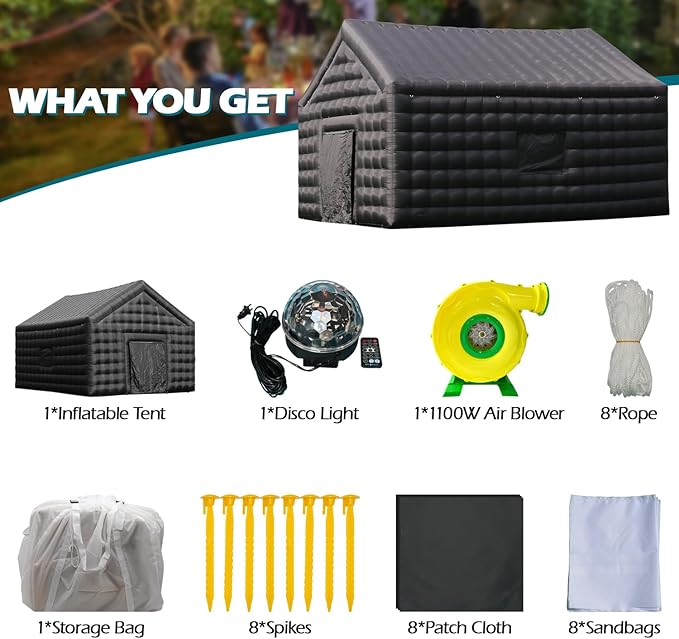 Large Inflatable Night Club Party Tent for Aldult 26FT, Black Oxford Inflatable Building with Blower&Disco Lights, Blow up Large Space Outdoor Events for Birthday, Nightclub, Business(26x20x16ft)