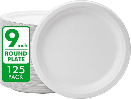 RACETOP Compostable Paper Plates 9 Inch [125 Pack] | Disposable, White Bagasse, Heavy-Duty Biodegradable Paper Plates, Eco-Friendly, Made of Natural Sugarcane Fibers by RACETOP