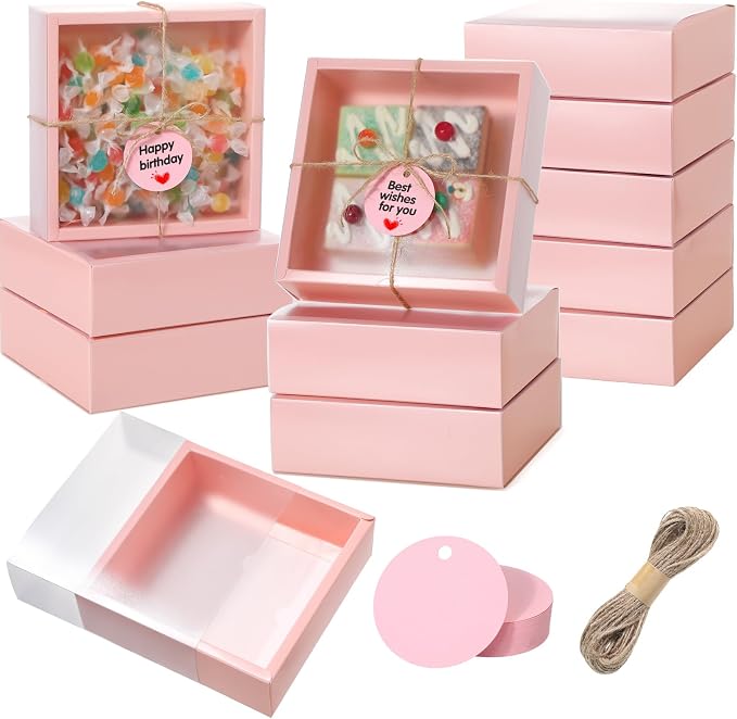 Roowest 50 Sets Kraft Homemade Gift Box Bundle with Blank Tags and Jute String (101 Items) for Jewelry Candy Wrapping Party Favor(6.5 x 6.5 x 2 Inch,Pink) by Roowest
