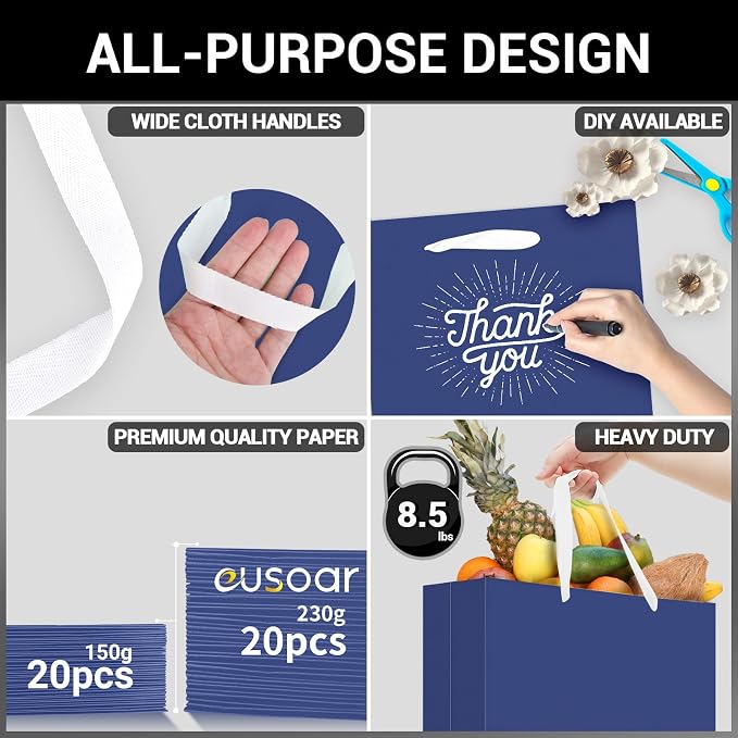 EUSOAR Blue Paper Bags With Handles, 20 pack 10.6"x3.1"x8.3" Kraft Paper Shopping Bag Bulk, Handled Paper Bags, Heavy Duty Sturdy Kraft Gift Package Craft Party Bag - Image 3