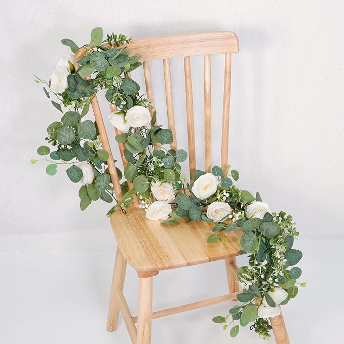 TOCHGREEN 2 Pack Artificial Eucalyptus Flower Garland with White Roses | Fake Rose Flower Greenery Garland Floral Vines for Wedding Centerpiece Backdrop Home Party Table Runner Decor - Image 7