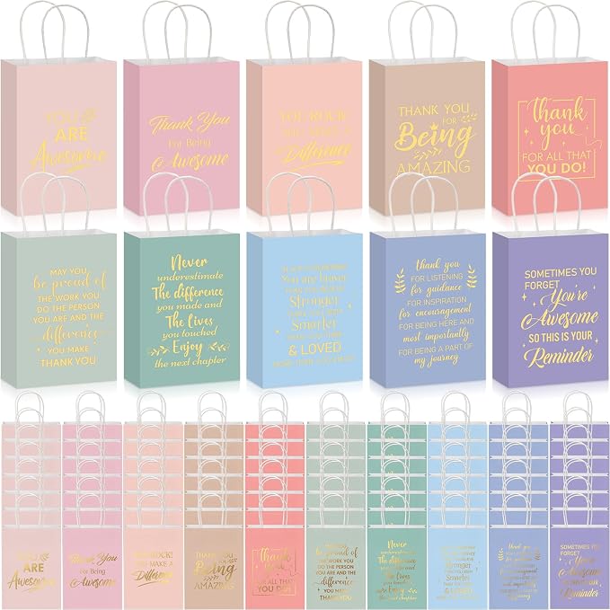 Engrowtic 100 Pcs Thank You Gift Bags with Handles Bulk, Pastel Color | Kraft Paper Bag, 8.3 x 3.1 x 6 Inch, Employee Appreciation Gift, Coworker Nurse Teacher Staff Business Wedding by Engrowtic