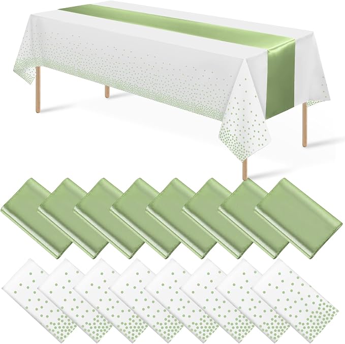 16Pack Plastic Tablecloths and Satin Table Runner Set Disposable White and Sage Green Dot Table Cloth Green Satin Table Runner for Wedding Birthday Baby Shower Anniversary Holiday Party Decorations by MASHAN