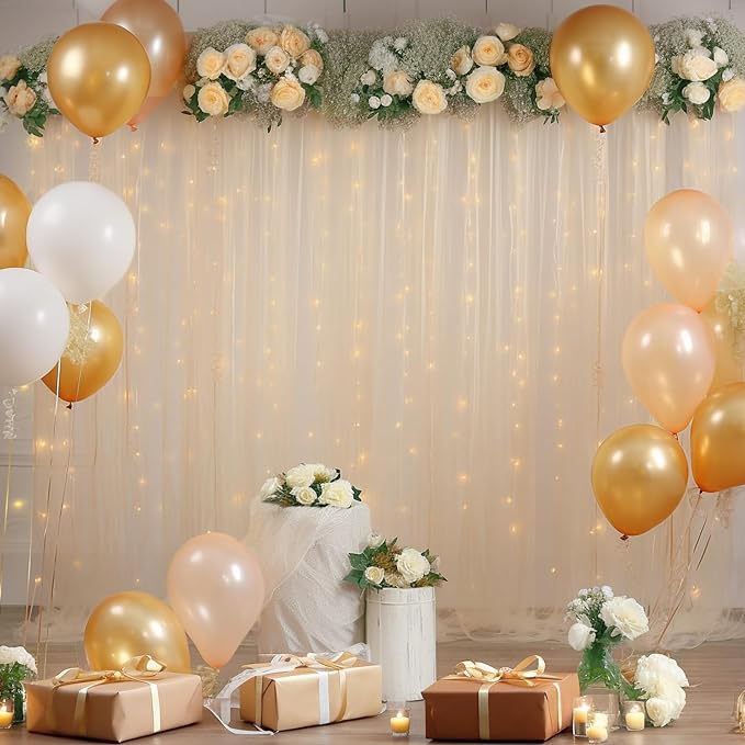 10ft x 10ft Champagne Backdrop Curtain with Lights String for Parties, Sheer Wedding Photo Backdrops Drapes for Baby Shower Birthday Party Decorations Background for Photography - Image 2