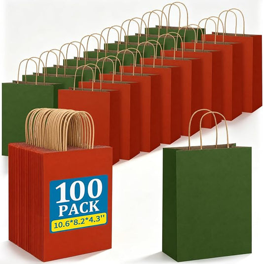 Tenceur 100 Pcs Red and Green Christmas Gift Bags Kraft Paper Bags with Handles Holiday Gift for Wedding Baby Shower Bridal Shower Shopping Party Favor Business (10 x 8 x 4 Inch) by Tenceur