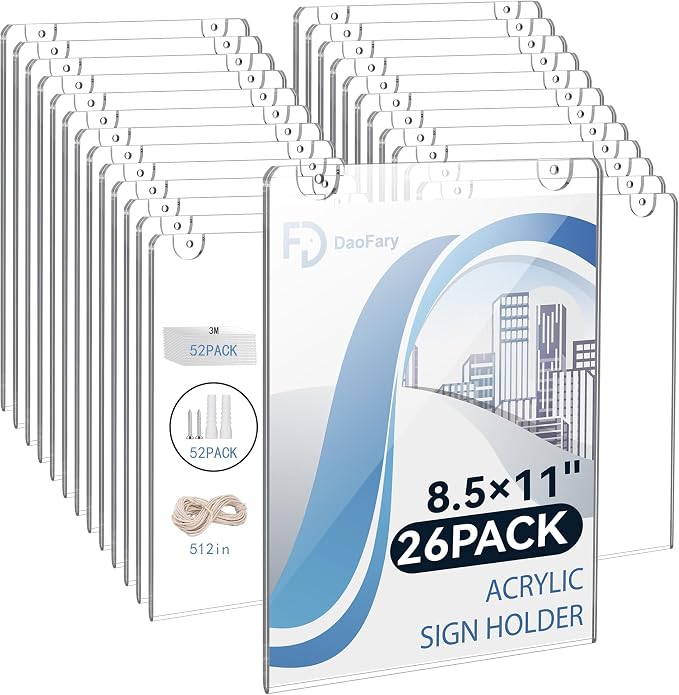 Daofary Acrylic Wall Sign Holder 8.5 x 11, 26 Pack Wall Mount,3-Way Install | Clear Acrylic Wall Picture Frame with Adhesive Tape, Screws and Rope; Easy Paper Changes for Offices, Stores and Schools by Daofary