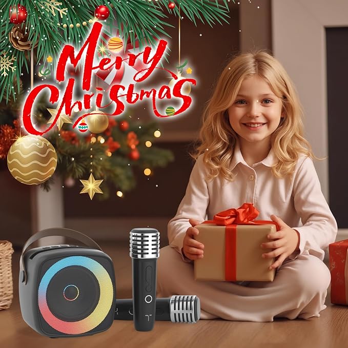 Karaoke Machine 2 Microphones for Home Party with Phone Holder, Wireless Portable Bluetooth Speaker with Dynamic Lights for Kids Adults Mini Voice Changer Mic Speaker Set for Christmas Girls