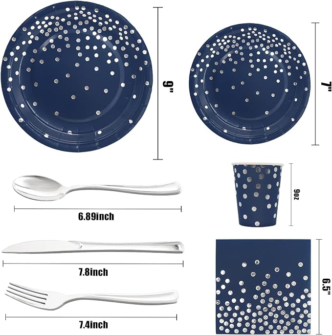 168Pcs Navy Blue Plates and Napkins Party Supplies, Navy Blue Paper Plates Serve 24, blue and Silver Party Decorations, for Fathers Day, Graduation, 4th of July, Hanukkah Party (Pack of 2) - Image 2