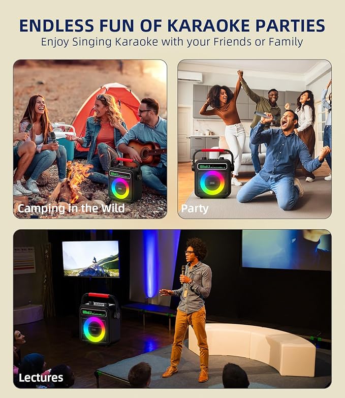 Karaoke Machine 2 Wireless Microphones, Portable Bluetooth Speaker w/PA System for Adults & Kids with LED Lights, Bass/Treble Adjustment, Supports REC/TWS/FM/AUX/USB/IF Card for Party
