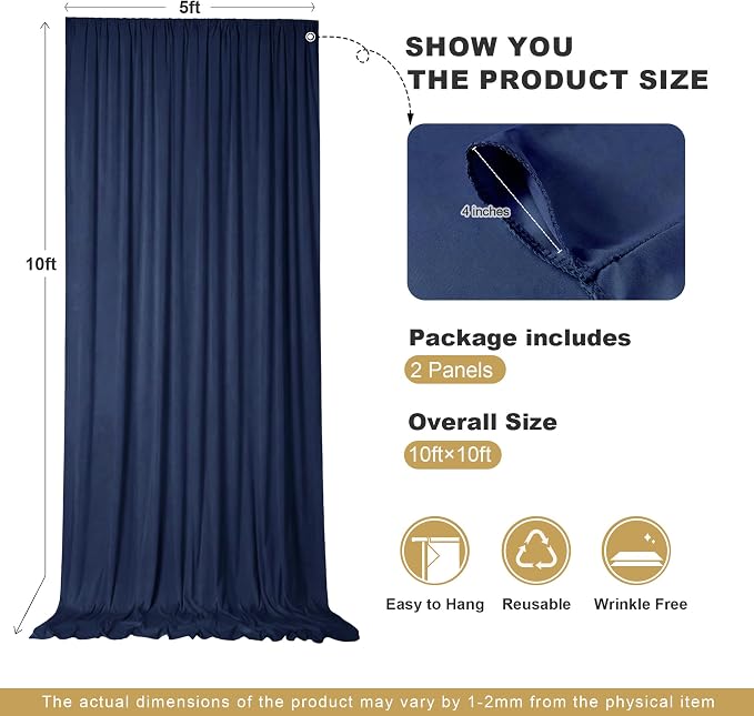 10x10ft Navy Blue Backdrop Curtains for Parties, 2 Panels 5x10ft Wrinkle-Free Polyester Background Curtains for Wedding, Birthday, Baby Shower,Graduation, Decorations - Image 5