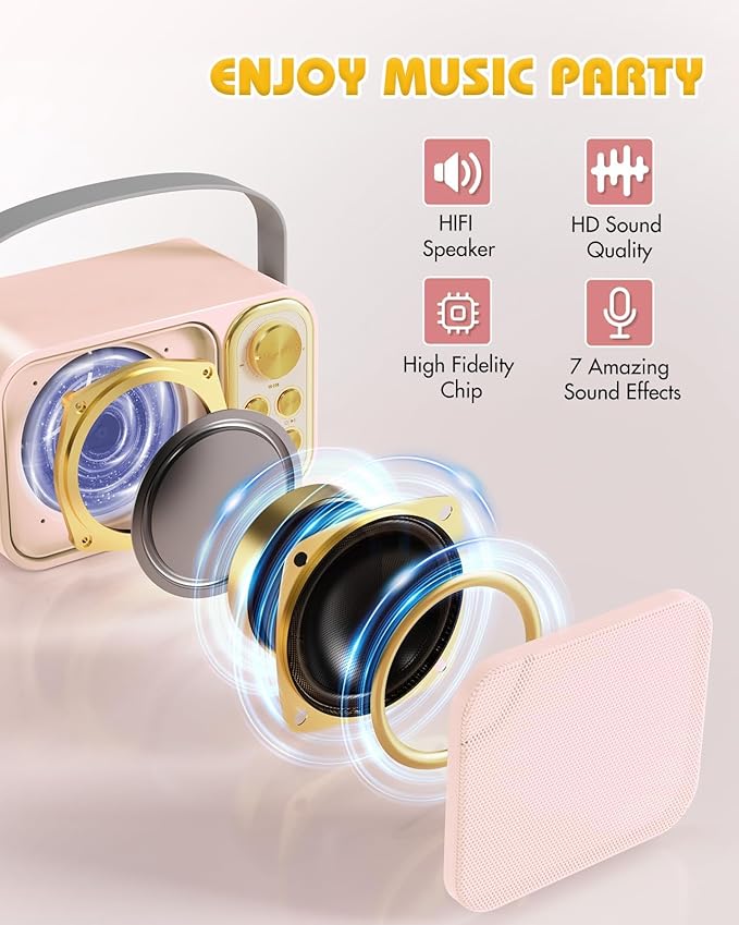 Mini Karaoke Machine for Kids with 2 Wireless Microphone, Portable Bluetooth Speaker, Kids Karaoke Machine to Sing Anywhere, for Girls, Ideal for Party, Birthday, Family Meeting
