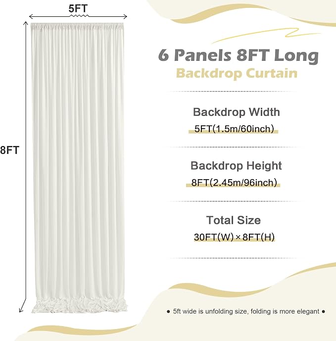 30ft x 8ft Wrinkle Free Ivory Backdrop Curtain for Parties, 6 Panels 5x8ft Silky Polyester Ivory Wedding Backdrop Drapes Photo Back Drop Cloth for Birthday Baby Shower Photography Background - Image 5