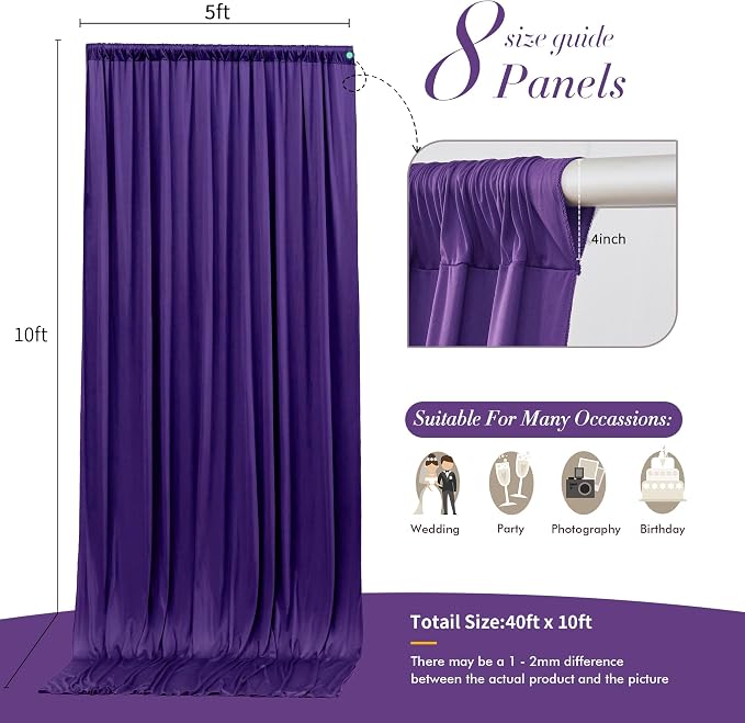 40 ft x 10 ft Wrinkle Free Purple Backdrop Curtain for Parties, 5ft x 10ft 8 Panels Polyester Purple Photo Backdrop Drapes for Wedding Birthday Party Baby Shower Fabric Photo Curtains for Mermaid - Image 6