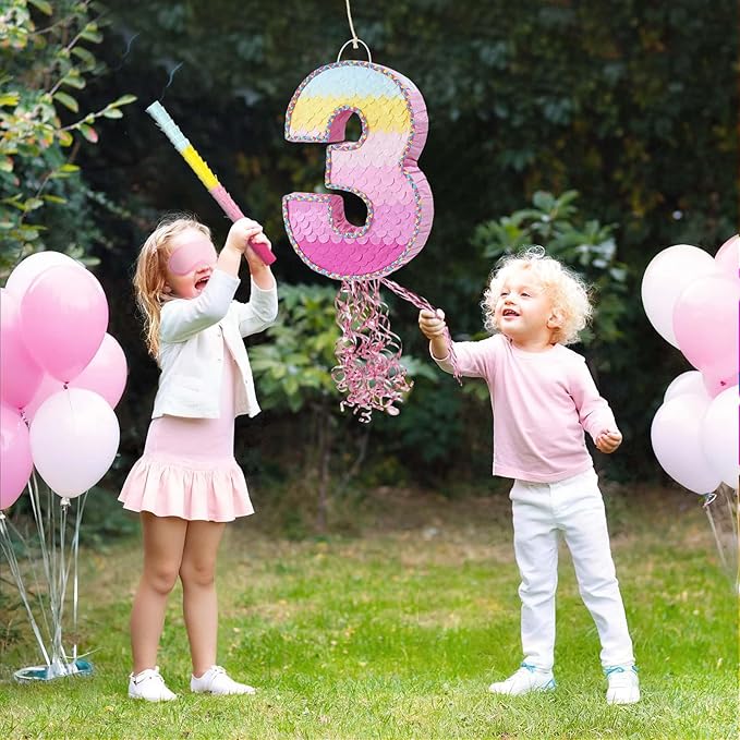 WERNNSAI Pink Sweet Three Pinata - Number 3 Pinata Happy Birthday Decoration Pink Rainbow Design Party Games for Girl Princess Baby Shower Party Favor with Blindfold Anniversary Celebration Supplies
