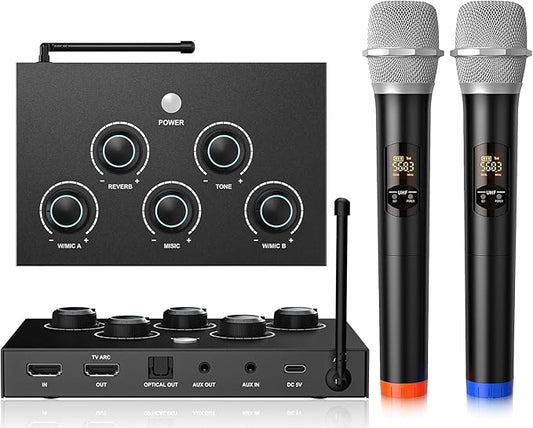 Wireless Karaoke Microphone System, Microphone Mixer Dual Handheld Wireless Microphones, HDMI & AUX in/Out, Optical Out, 100ft Range, Karaoke Mic for TV, Speakers, Singing, Church & Wedding