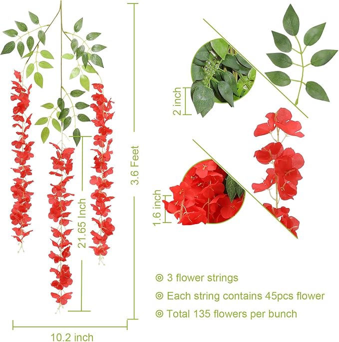 U'Artlines 24 Pack (Total 86.4 Feet) Artificial Fake Wisteria Vine Rattan Hanging Garland Silk Flowers String Home Party Wedding Decor (24, Red) - Image 2