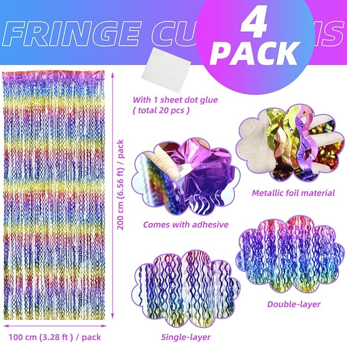 Rainbow Color Fringe Curtain Tinsel Streamer For Birthday Wedding Valentines Baby Shower, 4 Pack 6.56*3.28 FT Wave Metallic Tinsel Backdrop Party Streamers Backdrop Garland Photo Booth Door Decoration