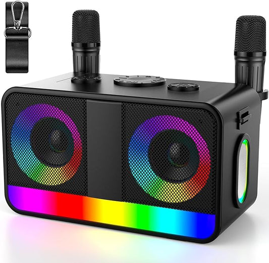 Karaoke Machine, Real 35W Portable Speaker,8H Long Time, 2 Rechargeable Wireless Microphones,LED,Karaoke Machine for Adults & Kids,BT/FM/USB/TF/AUX,for Home Party/Outdoors(CHJ171-Black)