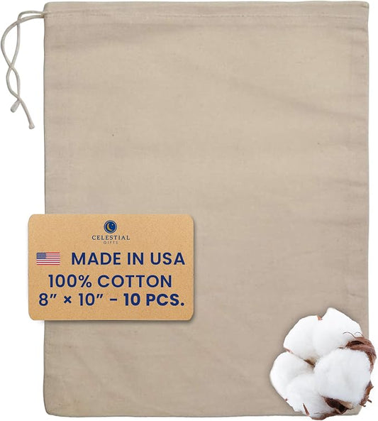 Celestial Gifts Cotton Muslin Bags with Drawstring, 10 Pcs, 8x10, Large | 100% Cotton Bulk Drawstring Gift Bags for Party Favor & DIY Craft, Made in USA, Natural Hem & Drawstring Pouches, 8x10 by CelestialGifts