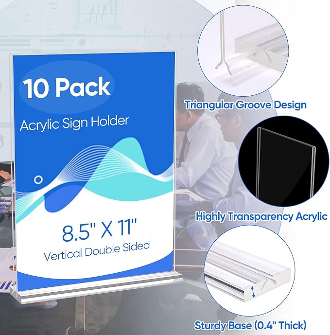 acrylic sign holder 8.5 x 11 Paper Stand 10 Pack Clear Double Side T Shape Acrylic Table Signs for Displaying, Flyer Holder Paper Card Holder for Office Business Store Mall Restaurants - Image 5