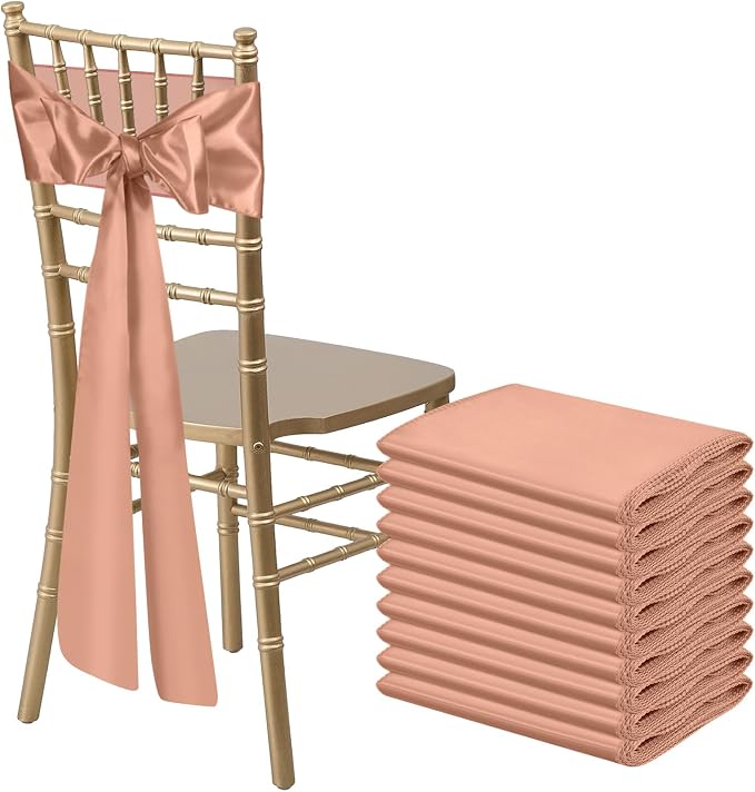 10 PCS Rose Gold Satin Chair Sashes Bows Universal Chair Ribbon Ties Back Sash for Wedding Party Reception Events Banquets Hotel Event Chair Cover Decoration (7x108 inch) by LooksForwardtoSeeingYou