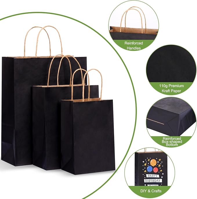 OUTUXED 120pcs Paper Bags with Handles Assorted Sizes Kraft Black Paper Gift Bags Bulk 3 Mixed Sizes for Retail, Party, Birthday, Gift, Shopping, Business, Merchandise - Image 4
