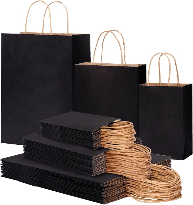OUTUXED 120pcs Paper Bags with Handles Assorted Sizes Kraft Black Paper Gift Bags Bulk 3 Mixed Sizes for Retail, Party, Birthday, Gift, Shopping, Business, Merchandise by Outuxed