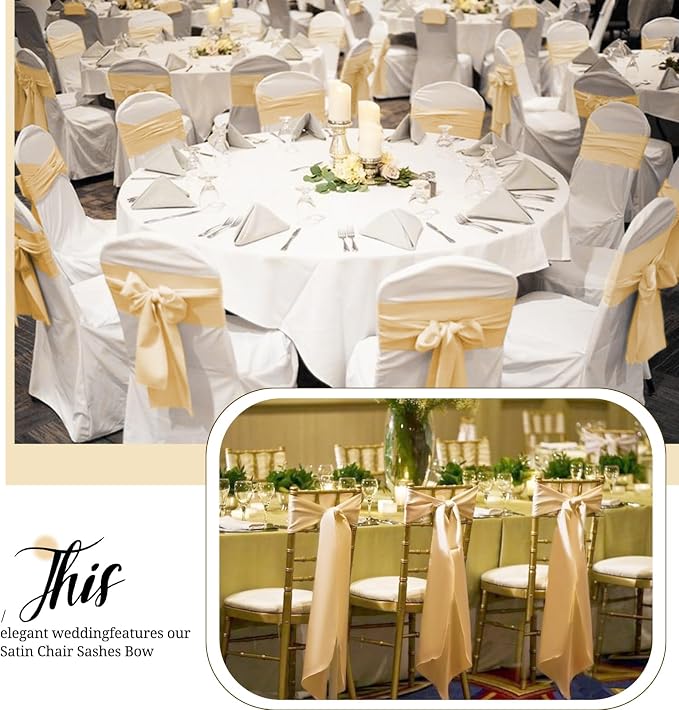 Pesonlook 100Pcs Satin Chair Sashes Ties, Champagne Satin Chair Sashes Bows Chair Cover Back Tie Supplies for Wedding Reception Events Banquets Party, Hotel Event, Chairs Decoration | Satin Chair Sashes Bows Chair Cover Back Tie Supplies for Wedding Re... - Image 7