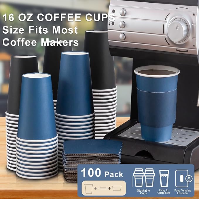 SIUQ 100 Pack 16 oz Coffee Cups with Lids, Disposable Hot Paper Coffee Cups | Black & Blue To Go Paper Cups with Lids and Sleeves for Thanksgiving, Party, Home, Shop, Office, Christmas, Travel and Events - Image 6