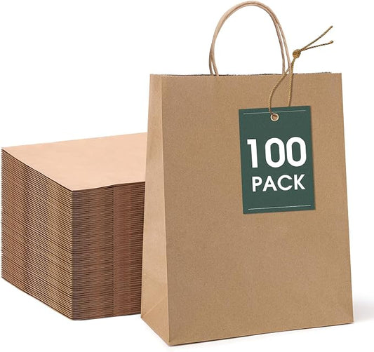 GSSUSA 10x5x13 100Pcs Brown Paper Bags with Handles, Bulk Shopping Grocery Paper Bags, Party Favor, Retail, Small Business, Packaging, Merchandise, Boutique, Wedding by GSSUSA