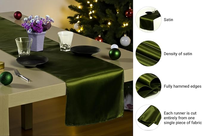 Pack of 30 Satin Table Runners 12 x 108 Inch Long Wedding Sateen Bright Silk Smooth Table Runner for Wedding Reception Birthday Graduation Party Event Banquet Dinner Decoration - Olive Green - Image 6