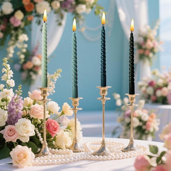 4 Pack 10 Inch Gradient Color Spiral Taper Candles for Wedding,Birthday,Christmas and Spring Home Decoration, Kitchen Twisted Candlesticks for Dinner Halloween,Thanksgiving (4, Green Series, 10 in)