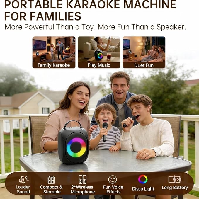 Kinglucky Karaoke Machine for Kids & Adults, Portable Bluetooth Speaker with 2 Wireless Microphones,Powerful Sound, LED Lights, PA System for Birthday Parties and Family Fun Gifts for Loved One
