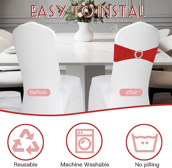 100PCS Spandex Stretch Red Chair Sashes Bows Universal Elastic Chair Cover Bands Ties with Buckle Slider for Wedding Party Birthday Reception Event Banquet Decoration(Red) - Image 5