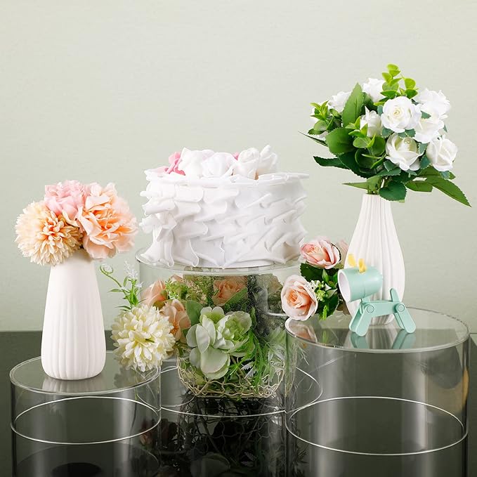 Weysat 3 Pcs Acrylic Risers for Display Stands, Round Cake Dessert Stand 3 Sizes, 6"x2", 7"x4", 8"x6", Food Risers Cylinder Nesting with Hollow Bottom for Wedding Parties Brunch Jewelry Show (Clear)