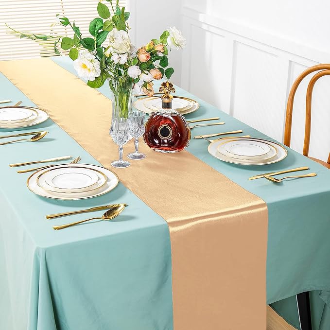 SI Pack of 15 Wedding 12 x 108 inch Satin Table Runner for Wedding, Decorations for Graduations, Engagements, Birthday Parties, Banquets, Runners fit Rectangle, Round Table - Champagne - Image 2