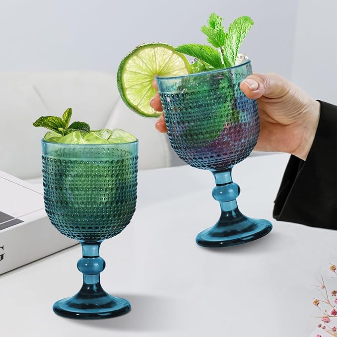 12 oz Blue Vintage Wine Glasses,Hobnail Drinking Glasses Set of 4,Embossed Goblet Glasses for Wedding,Party, Dinner,Bar