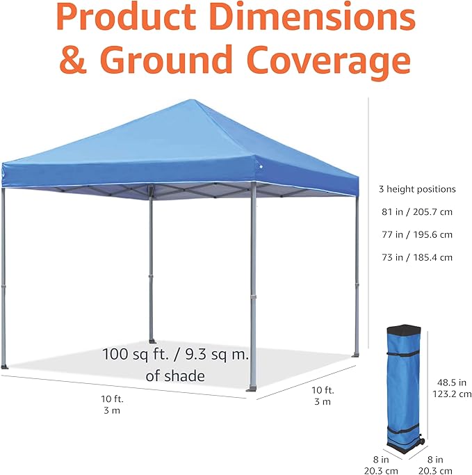 Amazon Basics Outdoor Pop Up 10 x 10 Canopy Tent for Events, Portable with Easy Setup, Sun Shelter for Outdoor Activities, Includes Wheeled Carry Bag, 8 Pegs, 4 Ropes, 4 Weighted Bags, Blue
