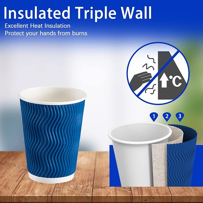 Lamosi 500 Count 12 oz Insulated Disposable Paper Coffee Cups Bulk No Lids | Corrugated Cups 12oz, Kraft Ripple Wall Design for Hot Beverage or Cold Drink Office Home Party Travel Cafe (Navy) - Image 3