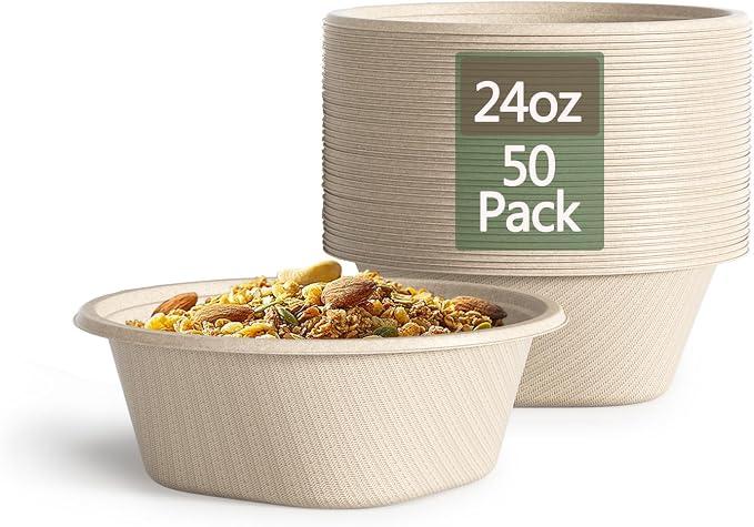 24 Oz Disposable Paper Bowls - Heavy Duty Disposable Bowls - Made from Natural Bagasse - Disposable Bowls for Hot Soup, Salad, Dessert, and More [50 Pack] by Homestockplus