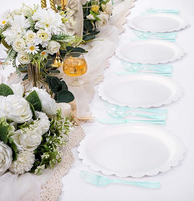 HEIPINIUYE 75 Pack Light Green Clear Plastic Cutlery Heavy Duty Clear Green Plastic Knives Forks and Spoons Disposable Silverware Set for 25 Guest Camping Birthday Baby Shower Party Utensil Set