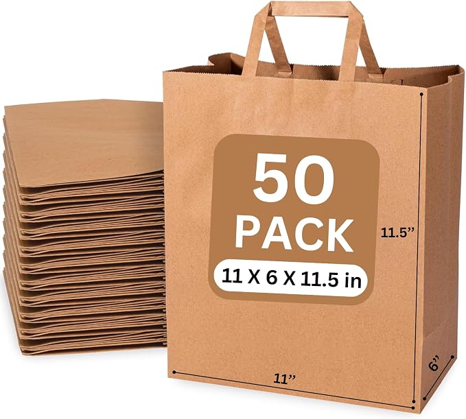 JET PAPER BAGS - 11”x6”x11.5” (50 Pcs) Brown Paper Bags with Flat Handles - Ideal for DIY, Takeout, Grocery, Goody, Retail, Party, Craft, Gifts, Weddings - Recyclable by JETPAPERBAGS