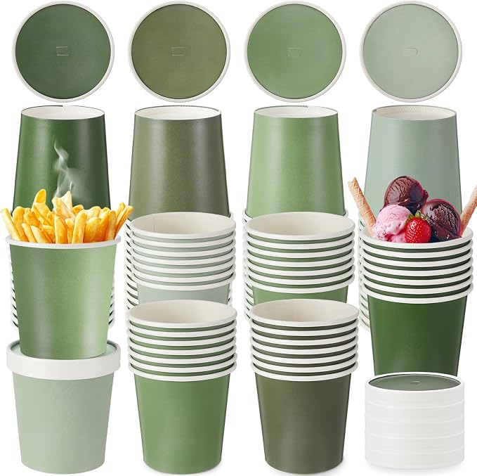 Roshtia 60 Pack Paper Ice Cream Cups, 16 oz Sage Green Disposable Gradient Solid Green Disposable Dessert Bowl Snack Cup with Lids for Hot and Cold Birthday Baby Shower Wedding Party Supplies by Roshtia