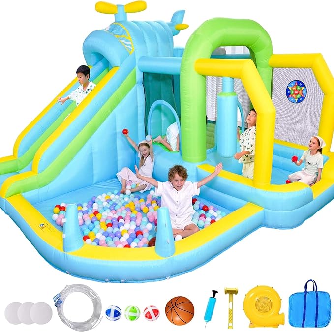 Inflatable Bounce House Water Slide,12-in-1 Oversized Indoor Bounce House for Kids 3-6 Tall Slide,Climbing Wall, Water Pool, Ball Pit,Sprinker,Dart, Basketball Hoop, 550W Blower for Backyard Party